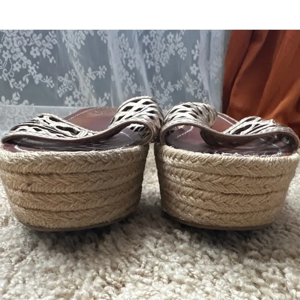 Tory Burch Metallic Gold Leather Espadrille‎ Wedge Sandals Size 8.5